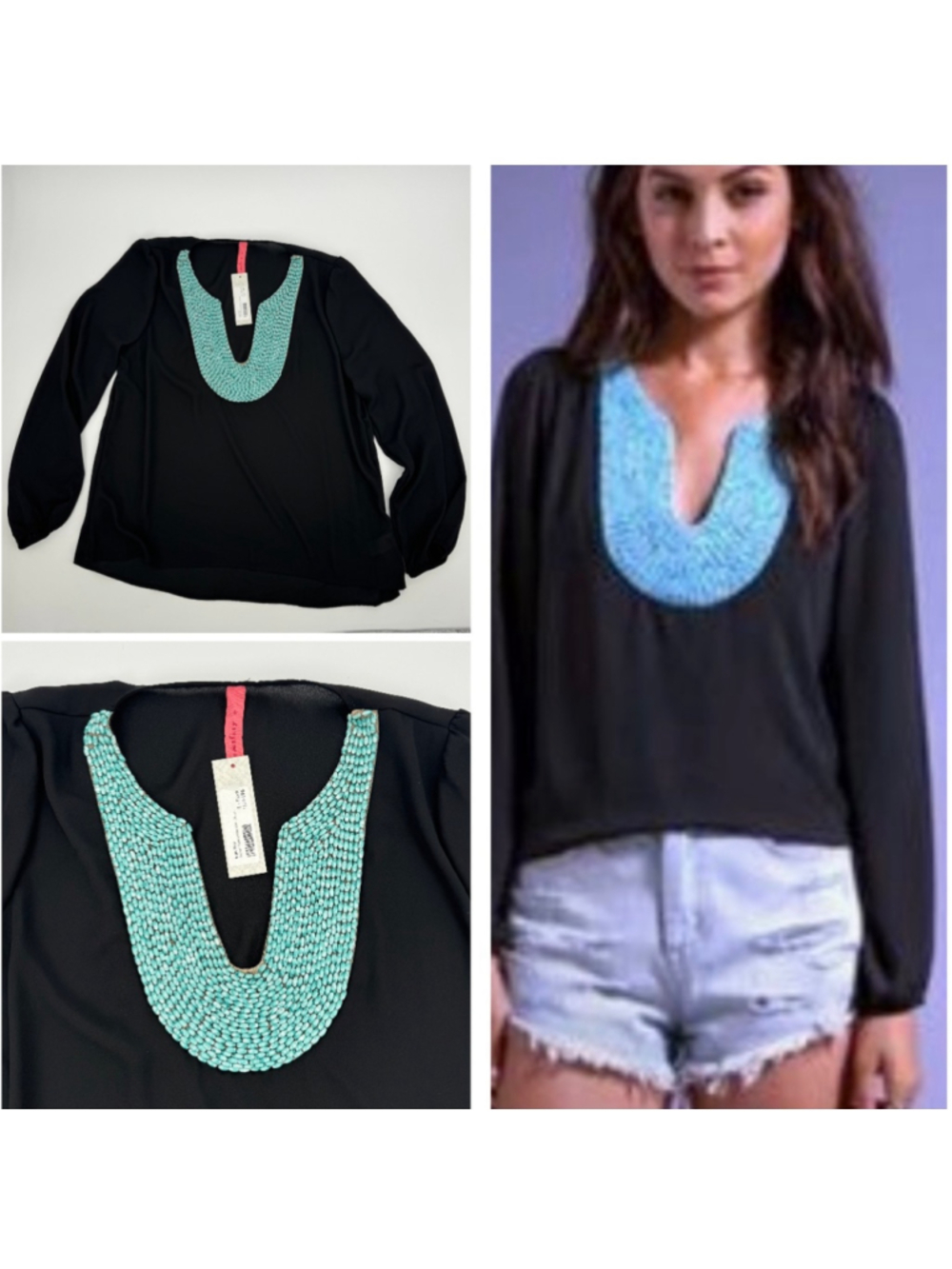 NWT Eight Sixty Black Blouse with Turquoise Beaded Neckline, Size L
